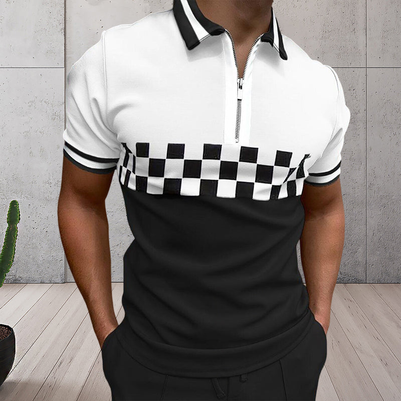 Elegant fargeblokk polo t-skjorte for menn med praktisk glidelås. Kortermet design for en moderne look.