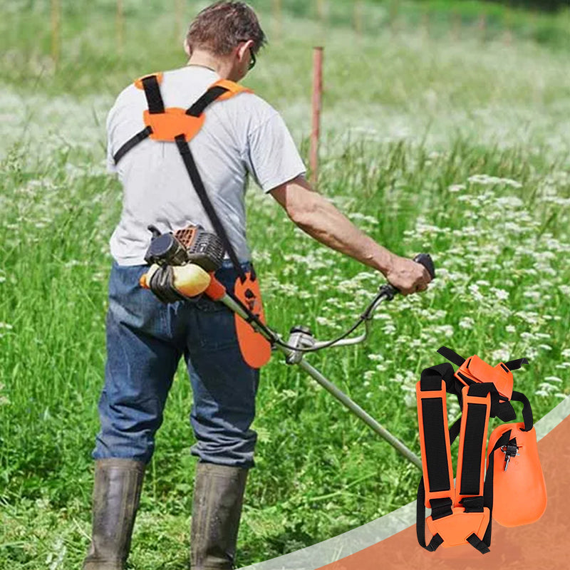 Ergonomisk trimmer skulderstropp for ugressrydder; orange/svart design, universell passform for hagearbeid.