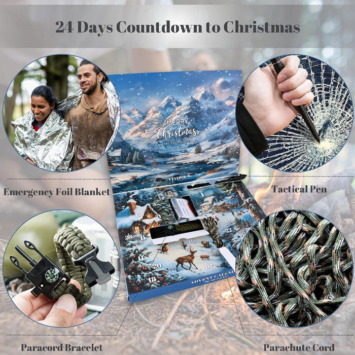Åpnet luke fra Survival Adventskalender viser et av de spennende overlevelsesverktøyene inni.