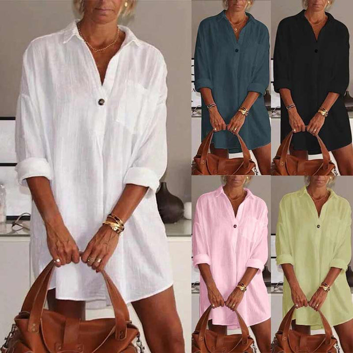 Ensfarget langermet bluse med krage til dame, en tidløs og elegant topp.