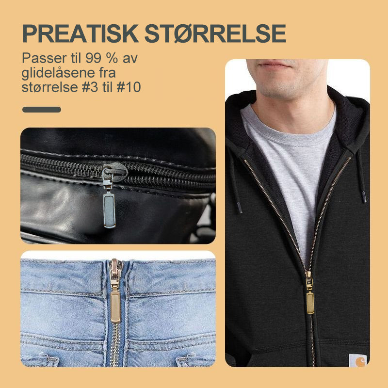 Nærbilde av en robust glidelåstrekker i grå metall, klar for verktøyfri reparasjon av glidelåser. Universal design.