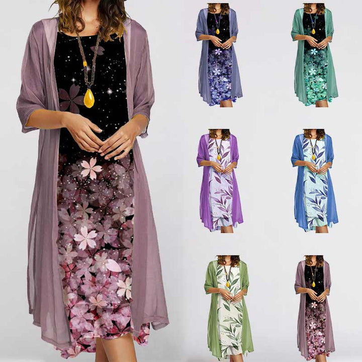 Allsidig todelt blomsterkjole dame. Elegant mønstret sommerkjole i chiffon med rund hals. Perfekt til fest/ferie.