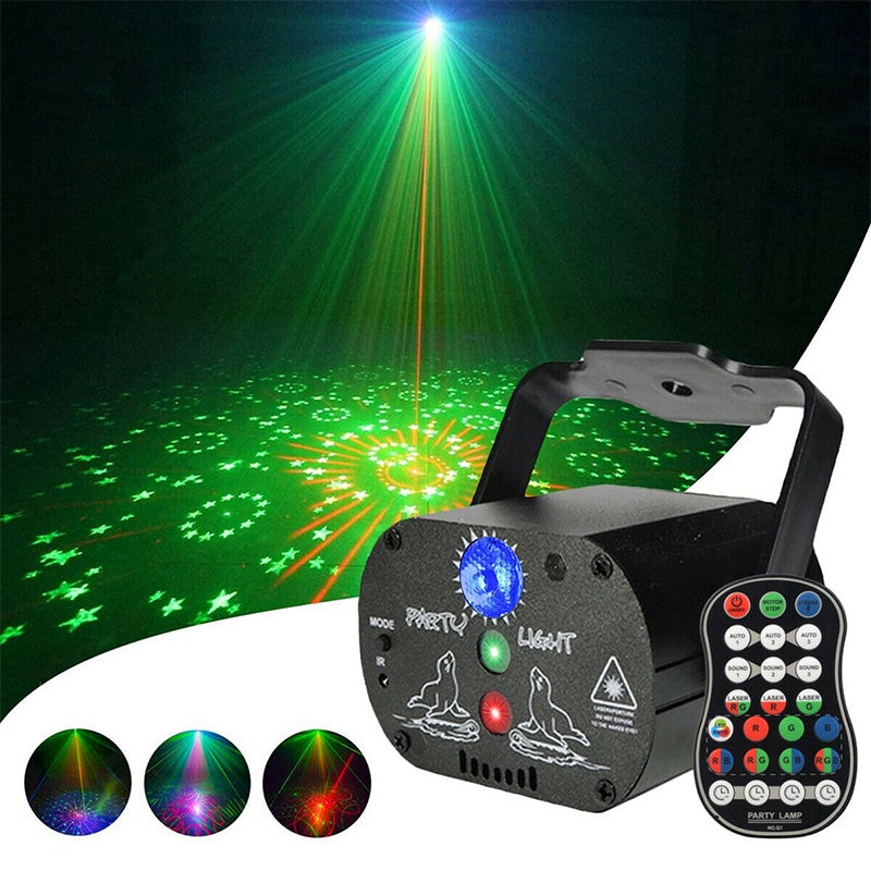 Fargerikt LED laserlys for fest, scene og disco med fjernkontroll. Innendørs/utendørs dekorasjon.