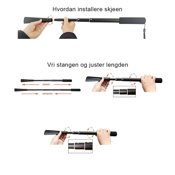 Justerbart teleskopisk skohorn i robust metall. Langt håndtak gir komfortabel påkledning av sko.