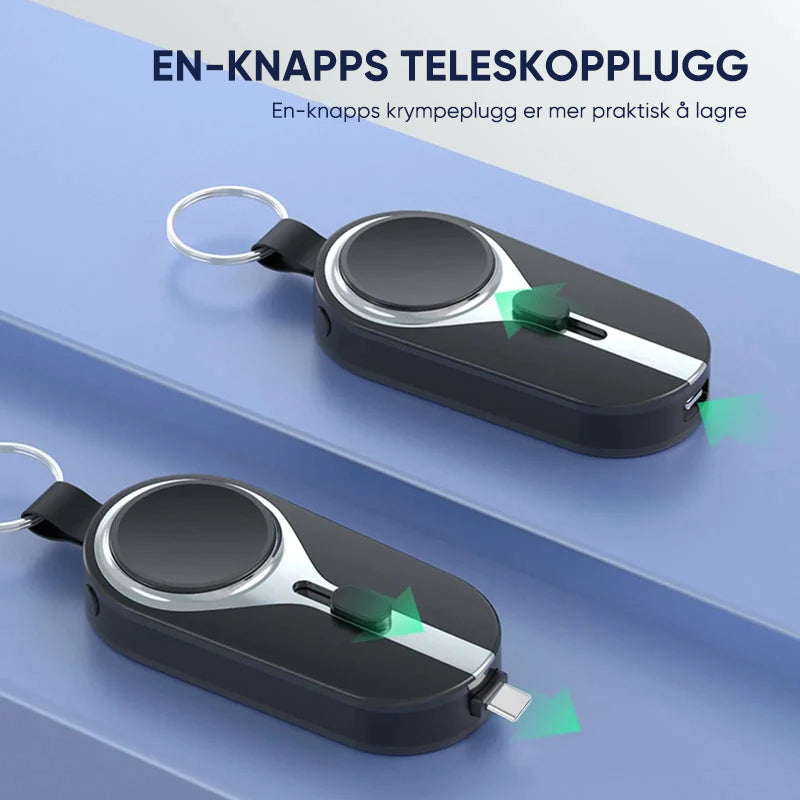 Liten nøkkelring powerbank. Alltid ha med mobillader til telefon og smartklokke. Utendørs reiselader.