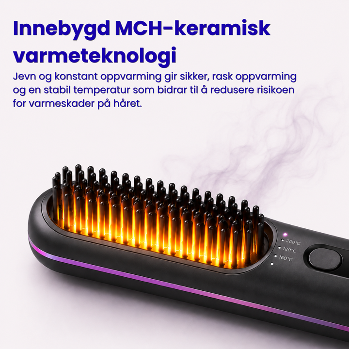 Kompakt og reisevennlig HeatBrush trådløs glattebørste for glansfullt og velstelt hår.