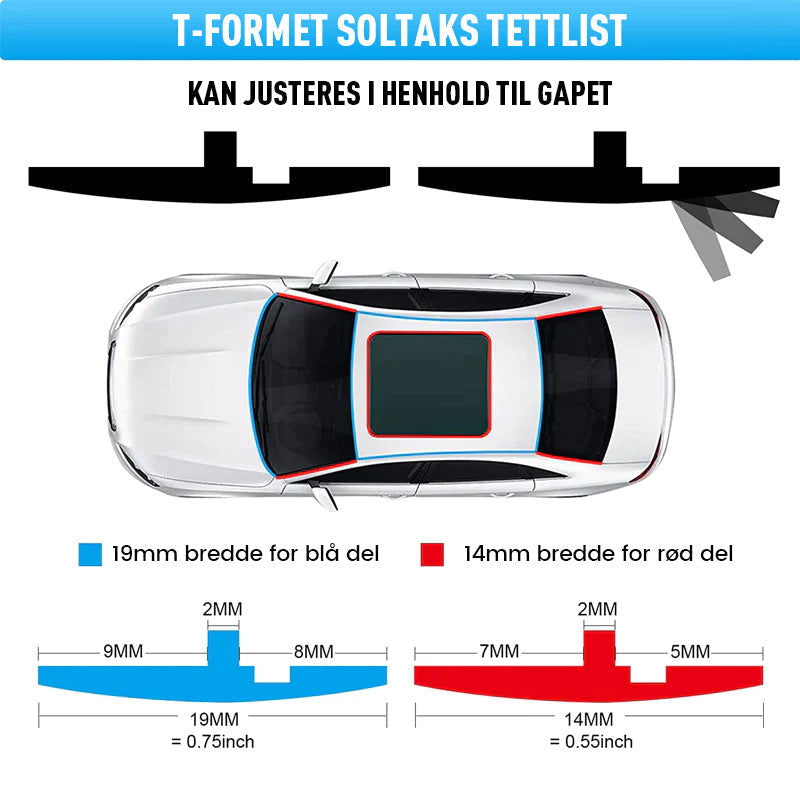 Slitesterk universell gummilist for bil, T-formet design for dører, vinduer og bagasjerom.