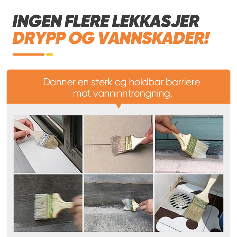 Bilde av en baderomsvegg før og etter påføring av klar vanntett tetningsmiddel.