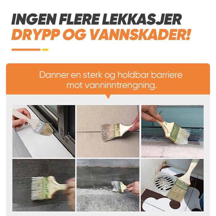 Bilde av en baderomsvegg før og etter påføring av klar vanntett tetningsmiddel.