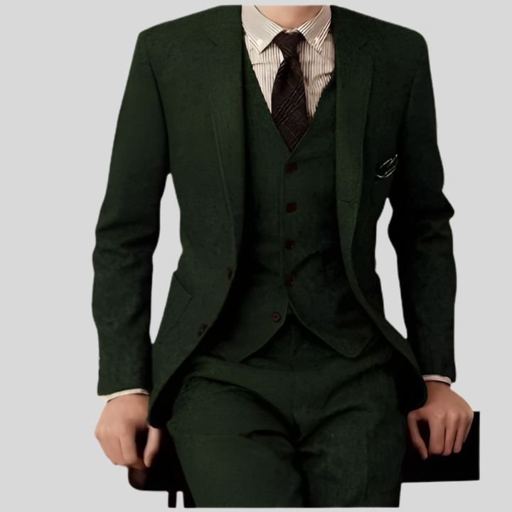 Stilig menns 3-dels dress med blazer, vest og dressbukser, perfekt for business, bryllup og festantrekk.