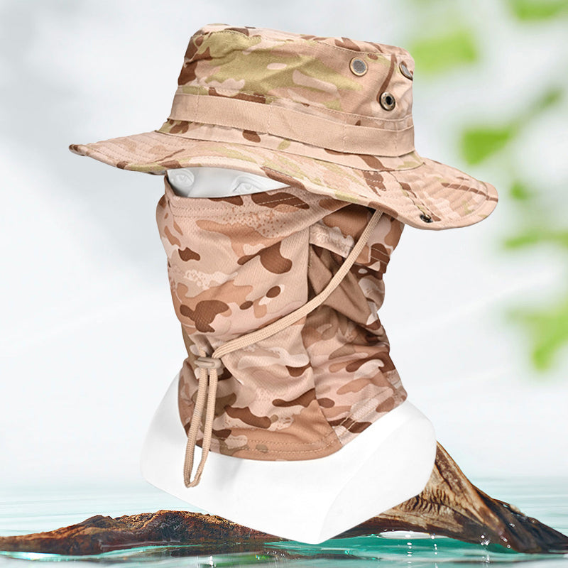 Kamuflasje hodeplagg, unisex, for aktiv utendørsbruk. Perfekt solbeskyttelse for sykling og fiske.