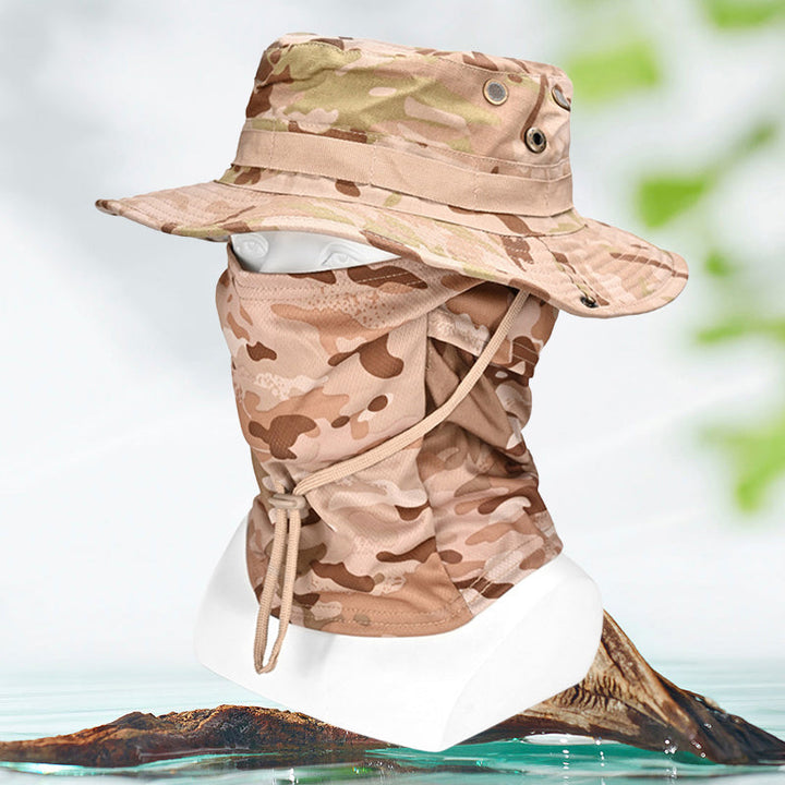 Kamuflasje hodeplagg, unisex, for aktiv utendørsbruk. Perfekt solbeskyttelse for sykling og fiske.