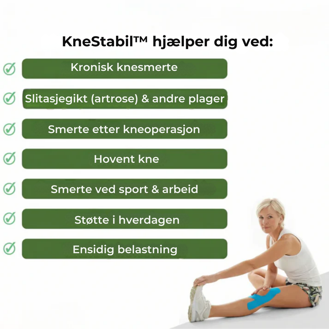 Fleksibelt knestøtteplaster som gir smertelindring og bevegelsesfrihet ved kneskader og sport.
