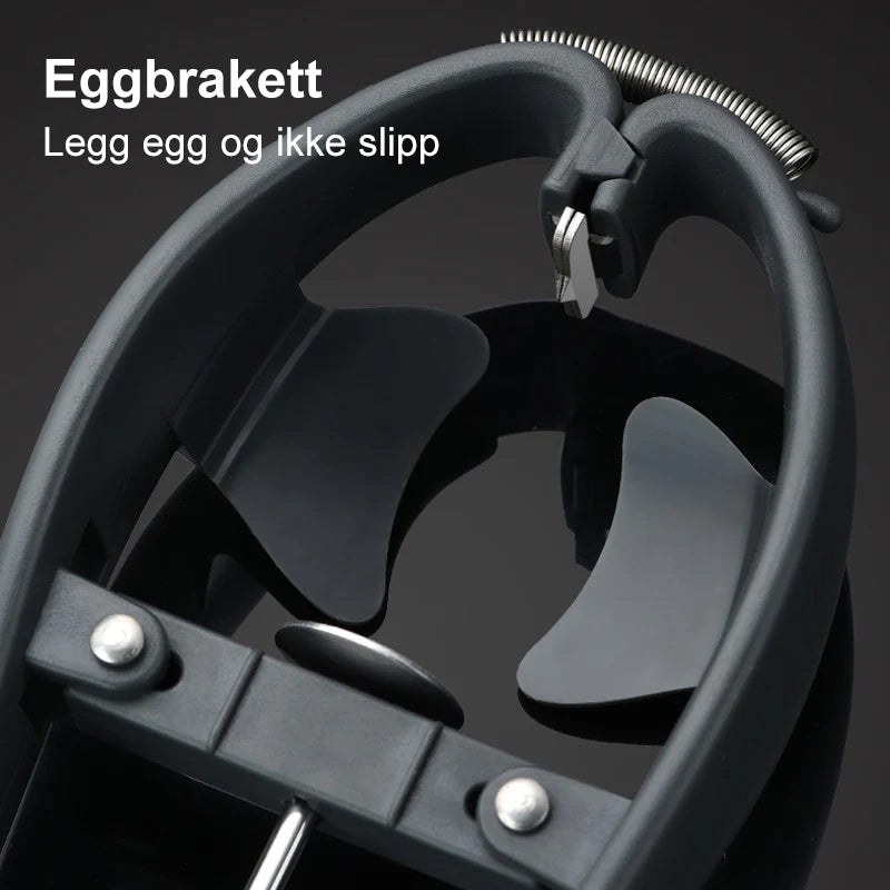 Detaljert bilde av den multifunksjonelle eggeåpneren, viser eggeskillerfunksjonen.
