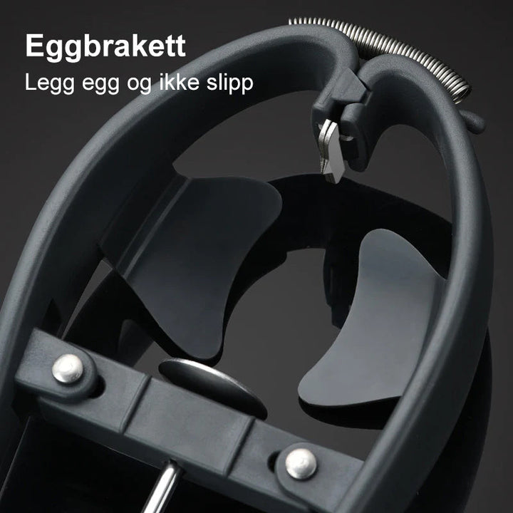 Detaljert bilde av den multifunksjonelle eggeåpneren, viser eggeskillerfunksjonen.