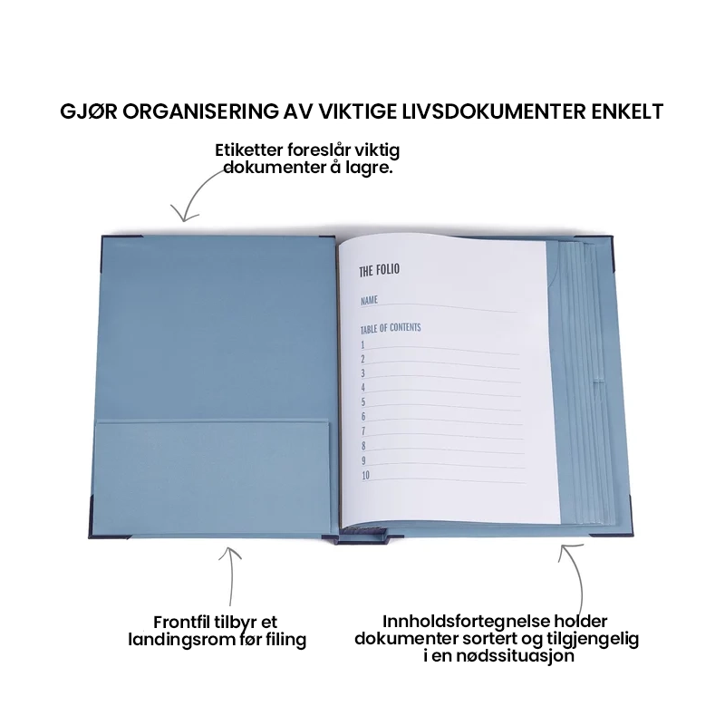 Elegant blå perm for sikker organisering av viktige papirer og kontorrekvisita.