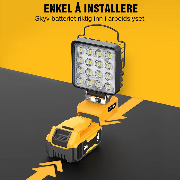 Kompakt LED arbeidslys 20V lyser opp campområde. Perfekt for utendørs bruk med USB-lading.