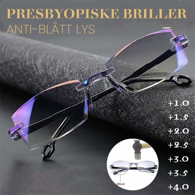 Elegante progressive briller for presbyopi, med anti-blått lys og titaninnfatning.