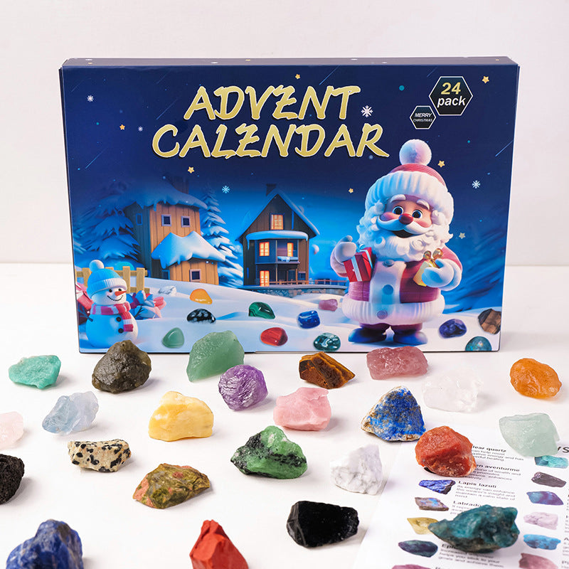 Krystall adventskalender med en samling av rå steiner og polerte mineraler.