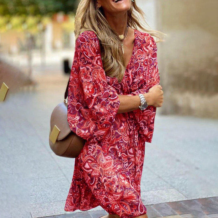 Boho chic vintagekjole for kvinner, blomstret tunikakjole med belte for både hverdag og ferie.