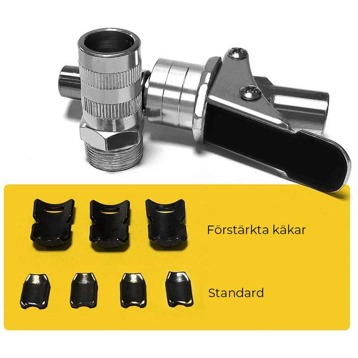 Effektiv fettpistolkobling i metall for rask og ren smøring, viktig for bil og verksted.