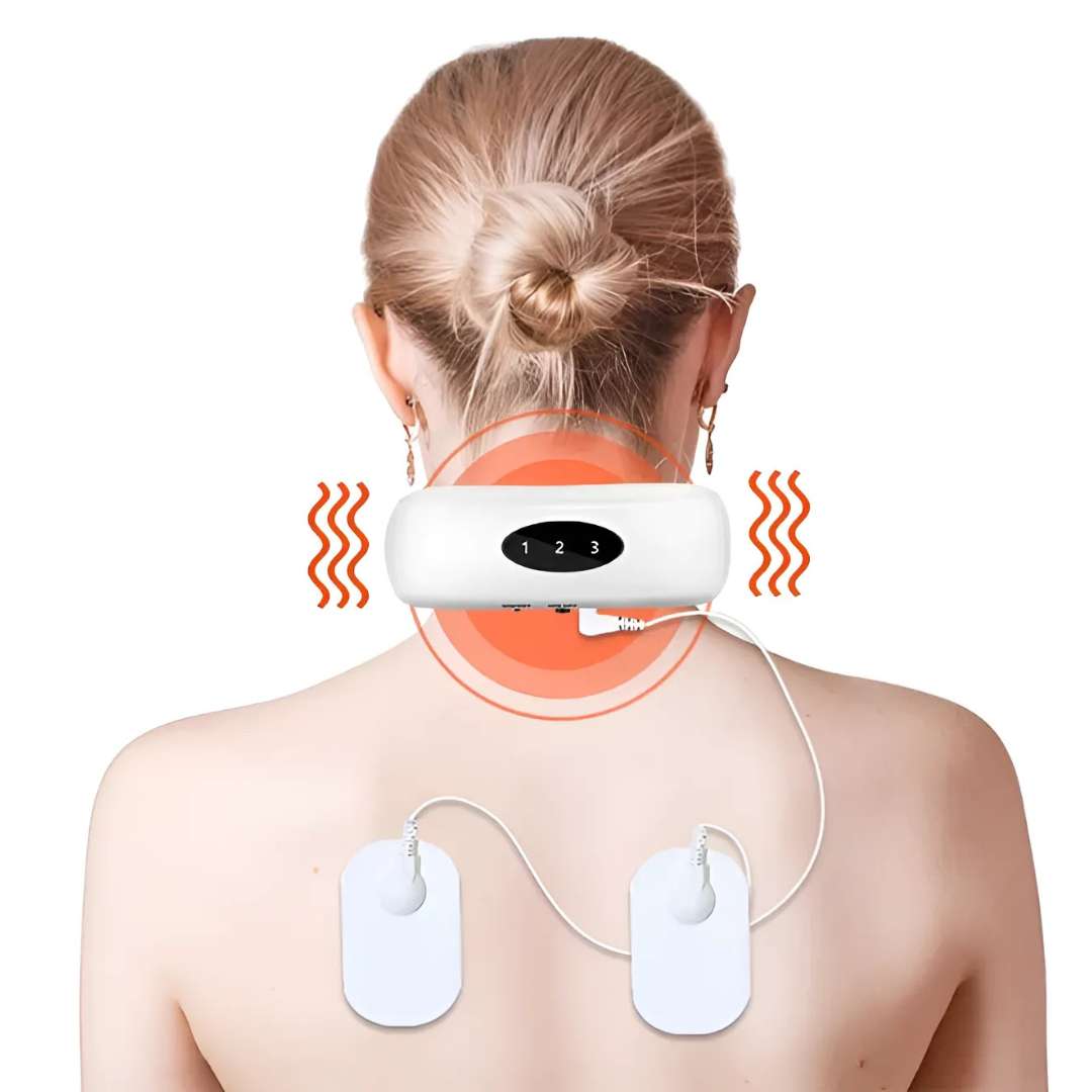 Nærbilde av ergonomisk vibrerende nakkemassasje, ideell for smertelindring og stresslindring etter en lang dag.