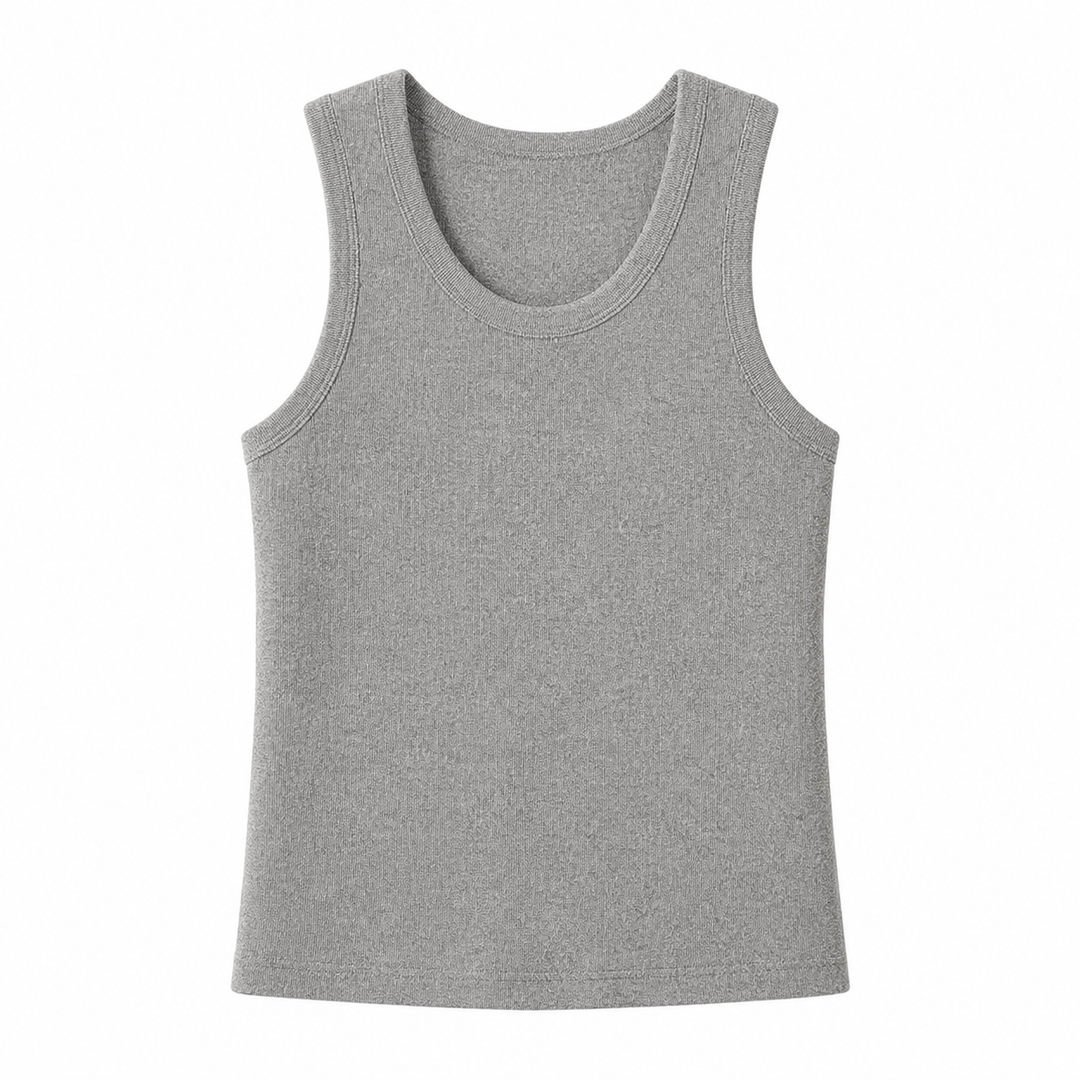 Ermeløs strikket dametopp, perfekt som baseplagg eller feminin sommertopp med høy stretch.