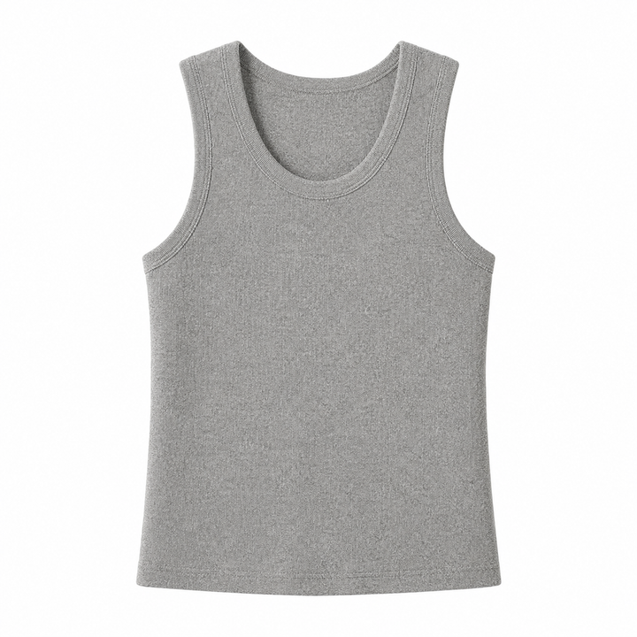 Ermeløs strikket dametopp, perfekt som baseplagg eller feminin sommertopp med høy stretch.