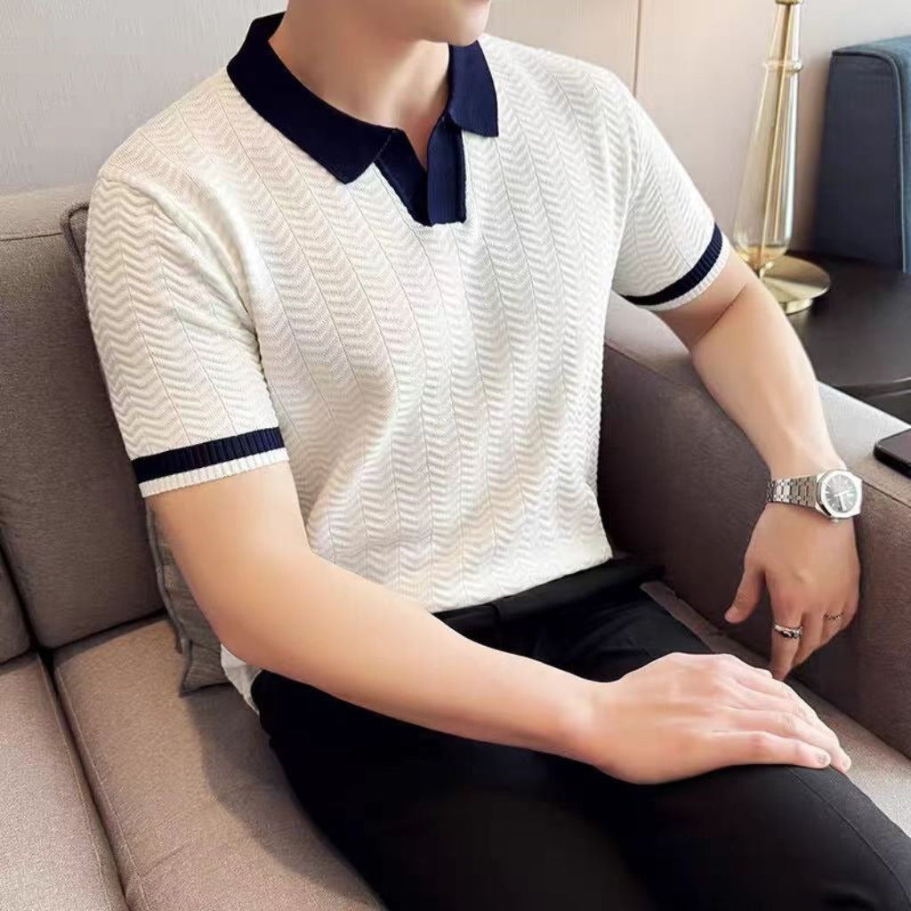 Avslappet stripete herre poloskjorte, polyester for hverdag og varme sommerdager.