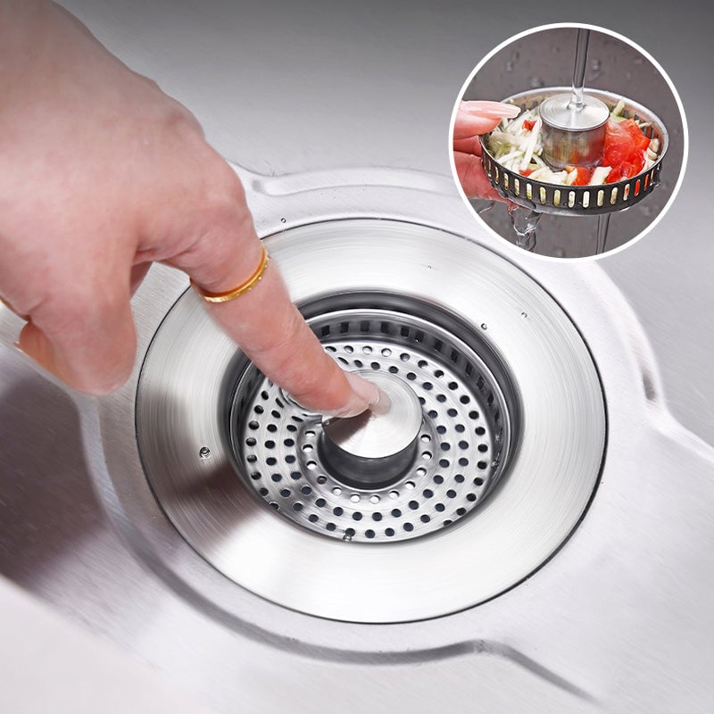 3-i-1 dreneringssil i rustfritt stål for kjøkkenvask. Stopper matrester og sikrer hygiene.