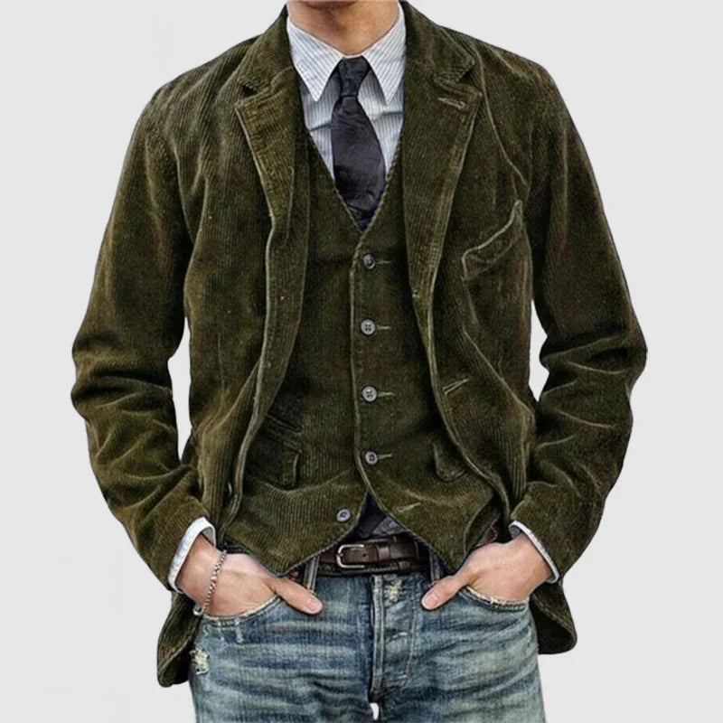 Komplett vintage blazer og vest sett for herre, med tidløst snitt og elegant design for alle anledninger.