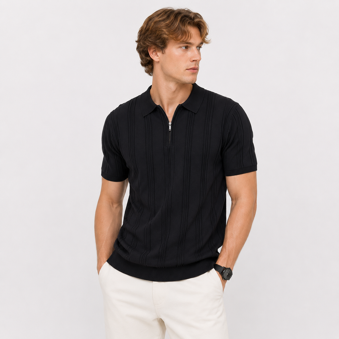 Detaljert tekstur av jacquard stoffet på herre strikket polo. Vintage look med glidelås.