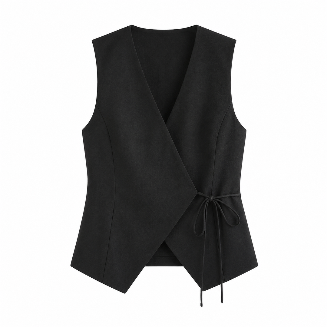 Svart ermeløs topp for damer med V-hals. Elegant fransk vintage vest med knytedetalj for alle anledninger.