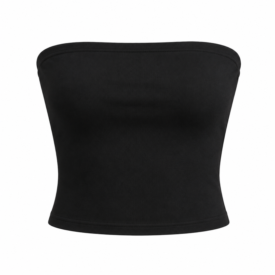 Svart stroppeløs bandeau croptop dame. Minimalistisk sommertopp for hverdagsstil, ferie eller festival.