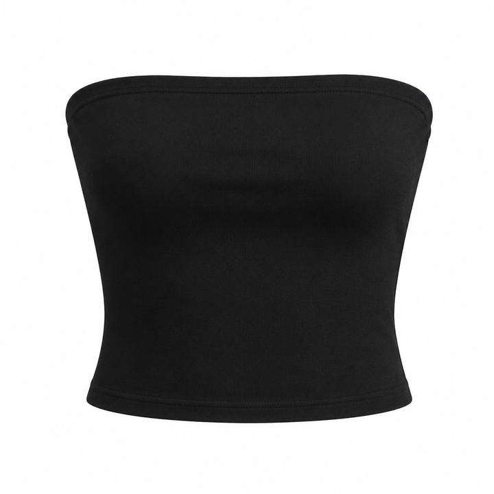 Svart stroppeløs bandeau croptop dame. Minimalistisk sommertopp for hverdagsstil, ferie eller festival.