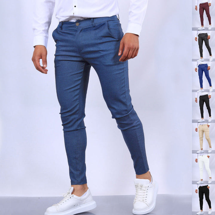 Herre slim fit blyantsbukser i bomullsblanding med stretch, ideelle for en smart casual look.