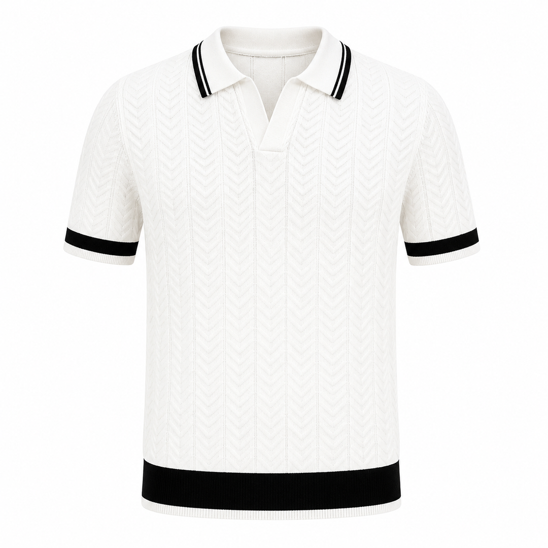 Stilfull color block strikket polo for herre. Perfekt kortermet skjorte for business casual sommerantrekk.