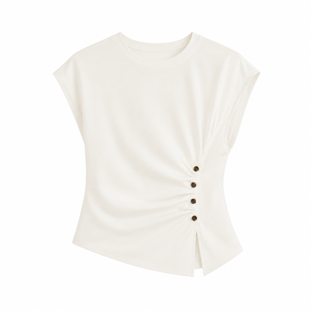Komfortabel figurnær sommertopp for dame med elegante kontrastknapper. Stilren kort erm t-skjorte til hverdagsbruk.
