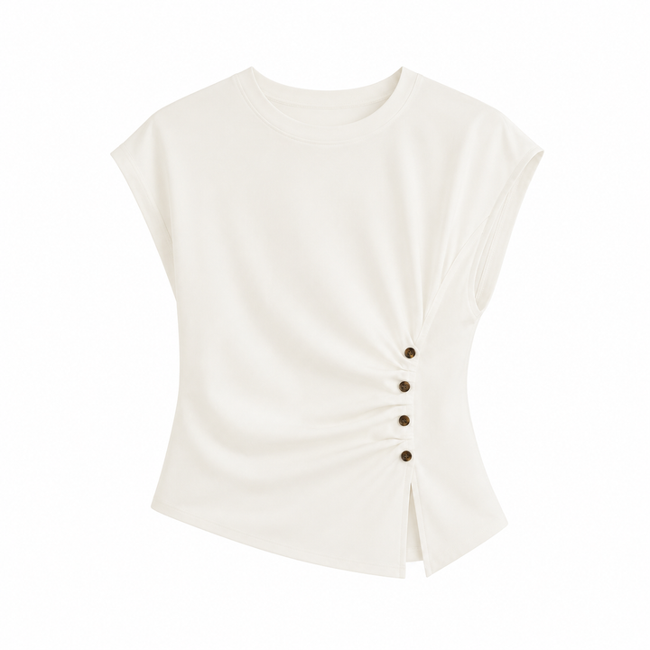 Komfortabel figurnær sommertopp for dame med elegante kontrastknapper. Stilren kort erm t-skjorte til hverdagsbruk.