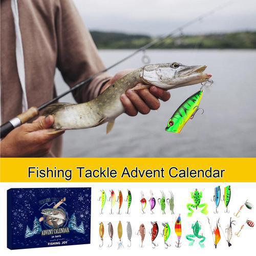 Illustrasjon av adventskalenderen "Fiskeutstyrsett", en overraskelse for fiskere.