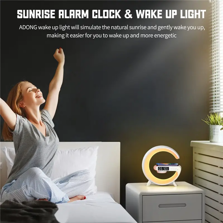 Multifunksjonell smartlampe med elegant design, stemningslys, vekkerklokke og trådløs QI-lading.