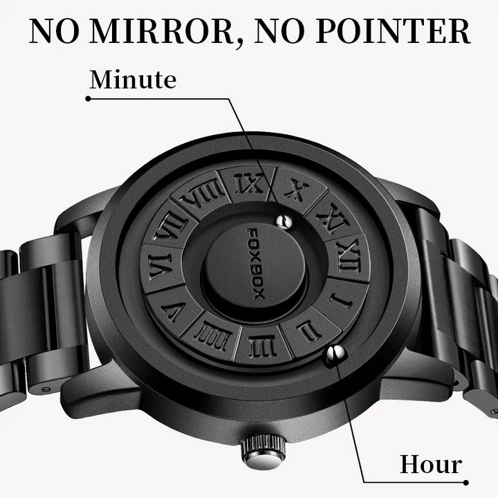Vannbestandig herreklokke med elegant 40 mm urkasse og magnetisk tidvisning.