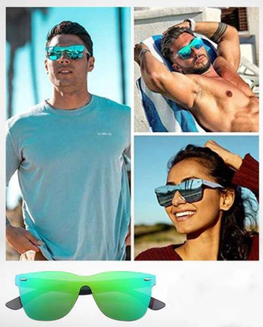 Solbriller med fargede speilglass og UV-beskyttelse. Trendy, kantløst design for unisex.