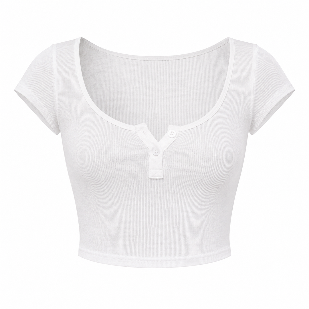 Elegant hvit dame crop topp med V-hals og knapper, kortermet og gjennomsiktig for sommeren.