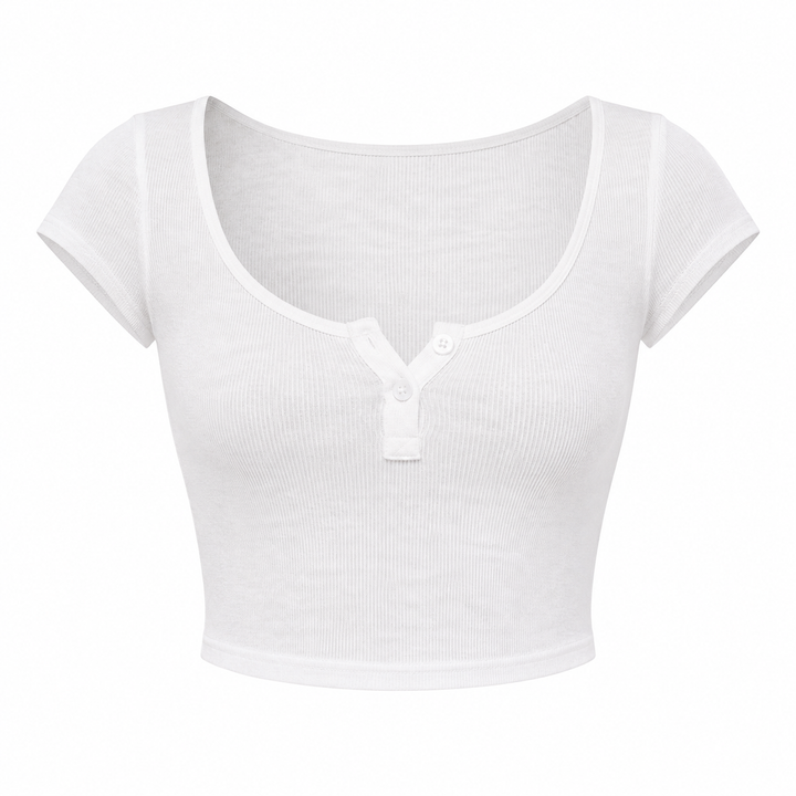Elegant hvit dame crop topp med V-hals og knapper, kortermet og gjennomsiktig for sommeren.