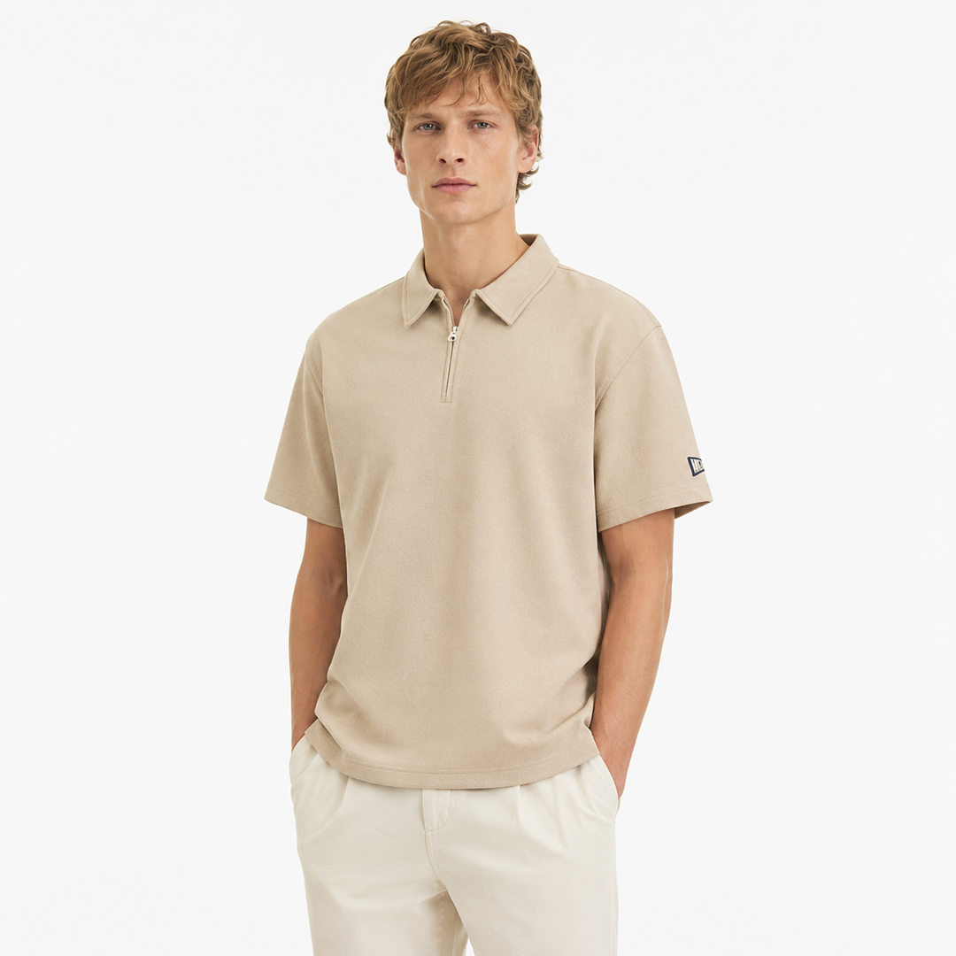 Grønn herre vintage vaffel polo med half-zip. Tidløs og behagelig sommertopp for casual herremote.