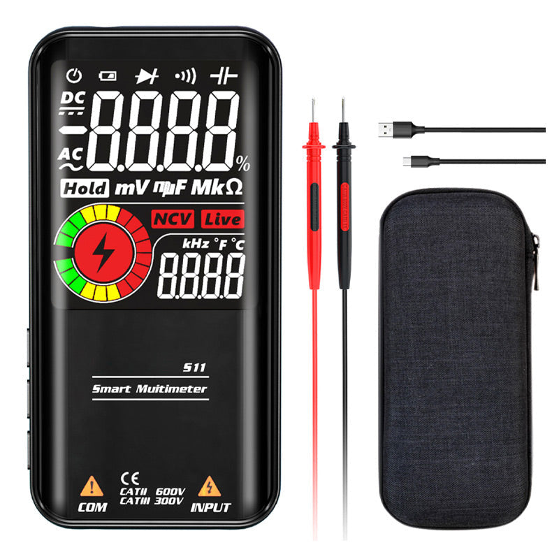Kompakt digitalt multimeter i hånd, lett å transportere og bruke for felttester av elektronikk.