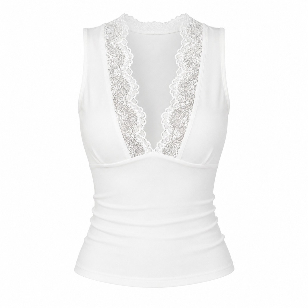 Slim fit ermeløs topp for dame med elegant v-hals og blondekant, ideell for både casual og festantrekk.