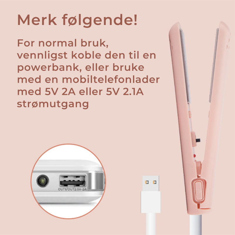 Bærbar mini rettetang for glatt hår. USB-drevet hårverktøy, ideelt for farten.