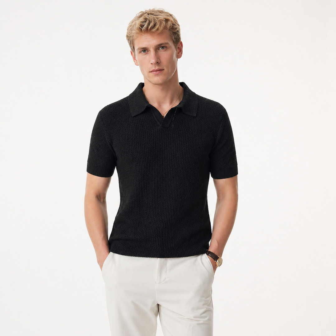 Herre strikket polo T-skjorte med v-hals og elegant hollow design. Slimfit sommer skjorte, pustende.